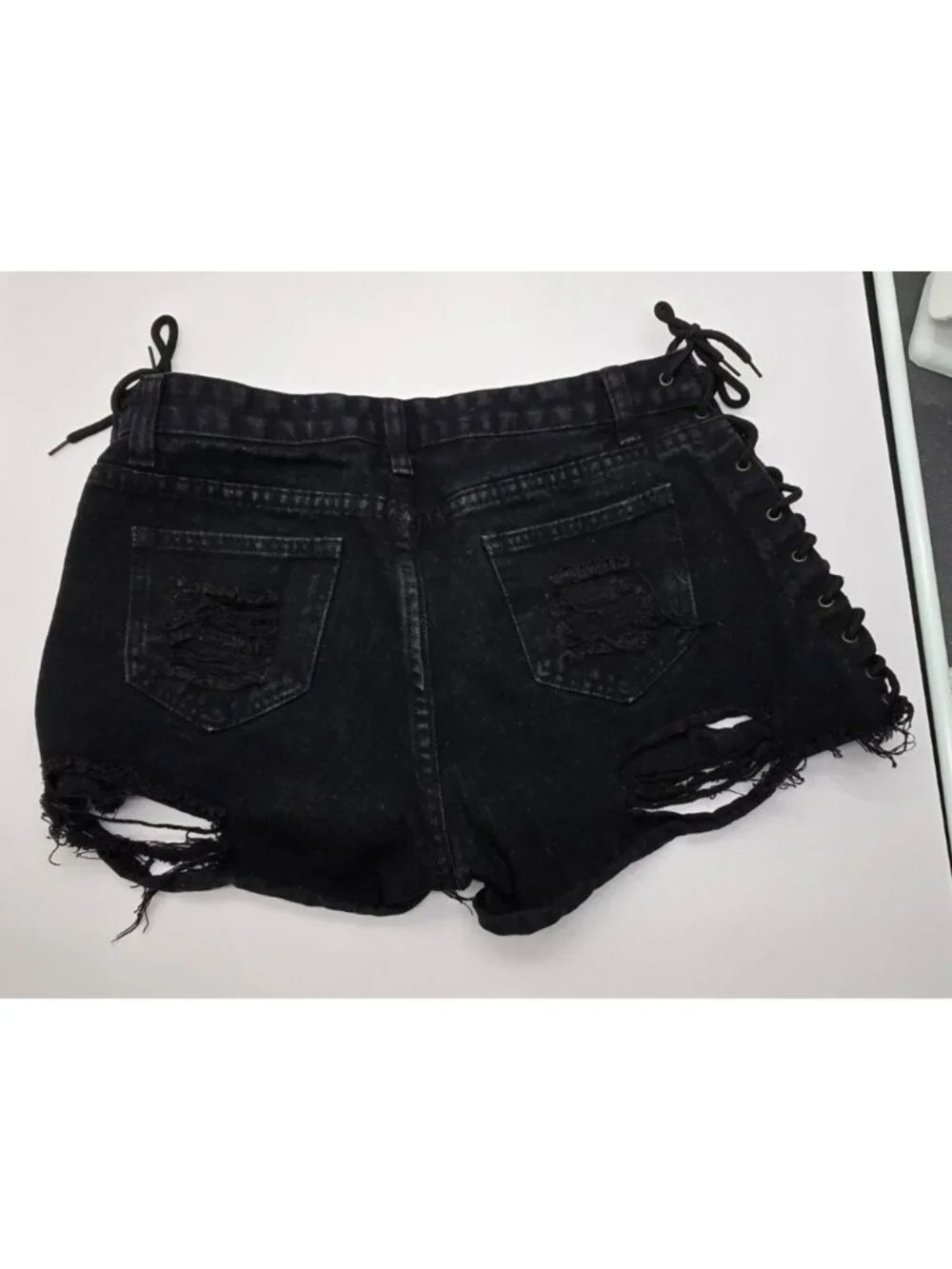 Black Distressed Denim Shorts With Lace-Up Sides And Frayed Hem Hot Pants JJ4380